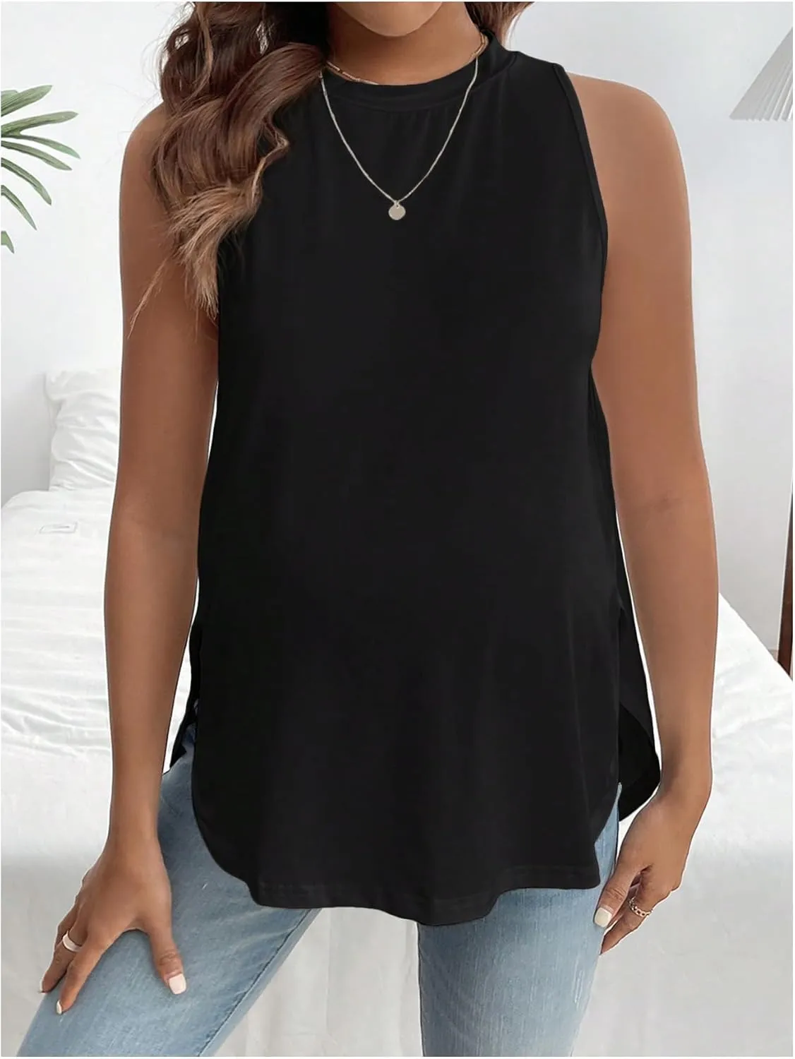 MakeMeChic Women's Maternity Tank Tops Crew Neck Sleeveless Split Hem Pregnancy Top