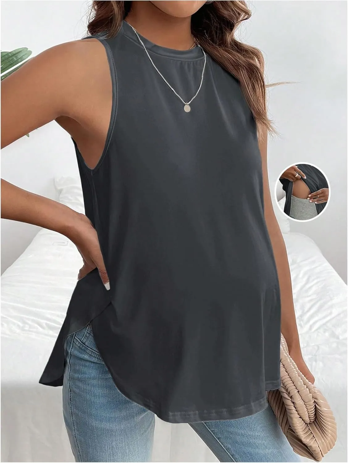 MakeMeChic Women's Maternity Tank Tops Crew Neck Sleeveless Split Hem Pregnancy Top