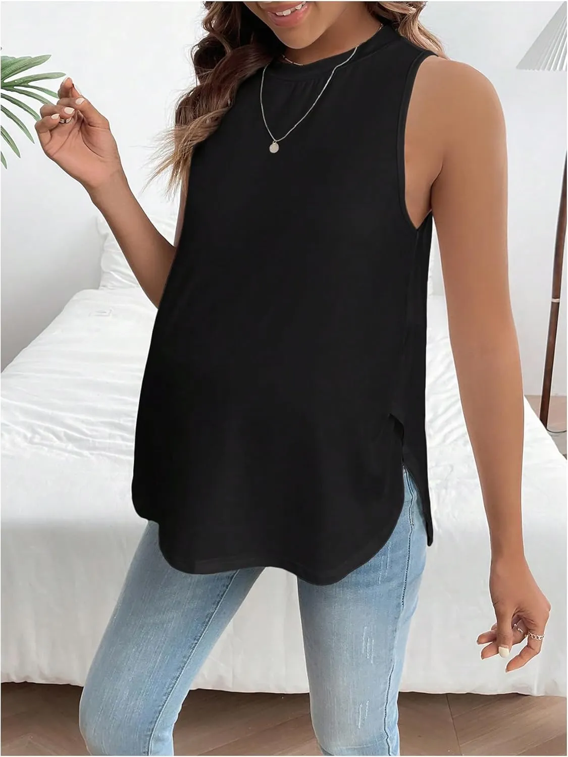 MakeMeChic Women's Maternity Tank Tops Crew Neck Sleeveless Split Hem Pregnancy Top