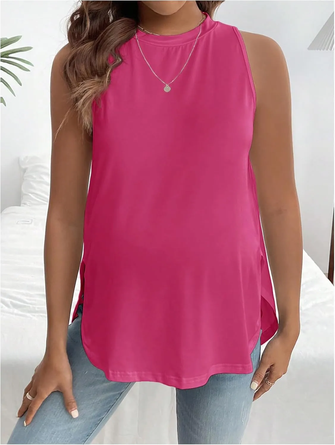 MakeMeChic Women's Maternity Tank Tops Crew Neck Sleeveless Split Hem Pregnancy Top