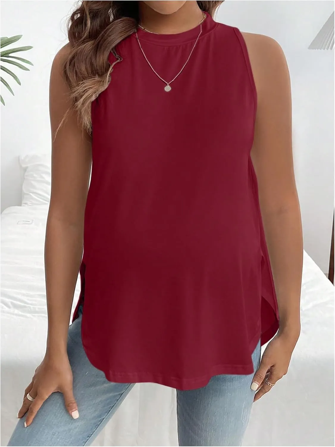 MakeMeChic Women's Maternity Tank Tops Crew Neck Sleeveless Split Hem Pregnancy Top