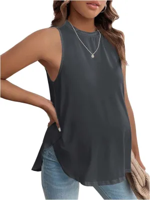 MakeMeChic Women's Maternity Tank Tops Crew Neck Sleeveless Split Hem Pregnancy Top