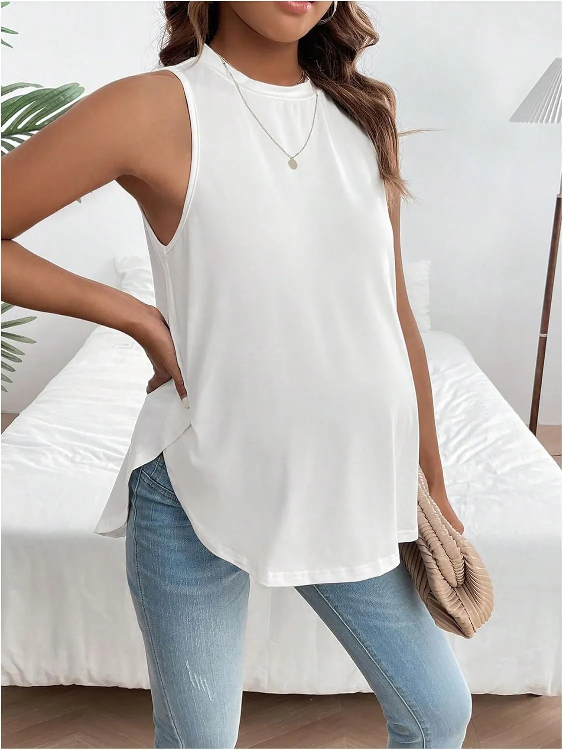 MakeMeChic Women's Maternity Tank Tops Crew Neck Sleeveless Split Hem Pregnancy Top