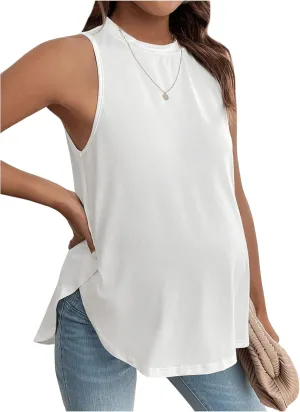 MakeMeChic Women's Maternity Tank Tops Crew Neck Sleeveless Split Hem Pregnancy Top
