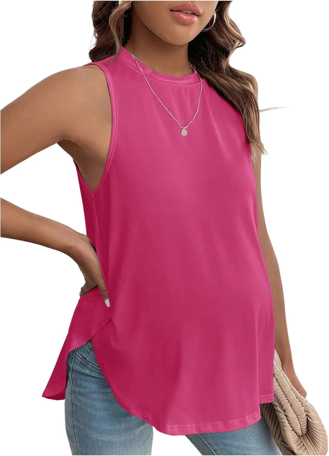 MakeMeChic Women's Maternity Tank Tops Crew Neck Sleeveless Split Hem Pregnancy Top