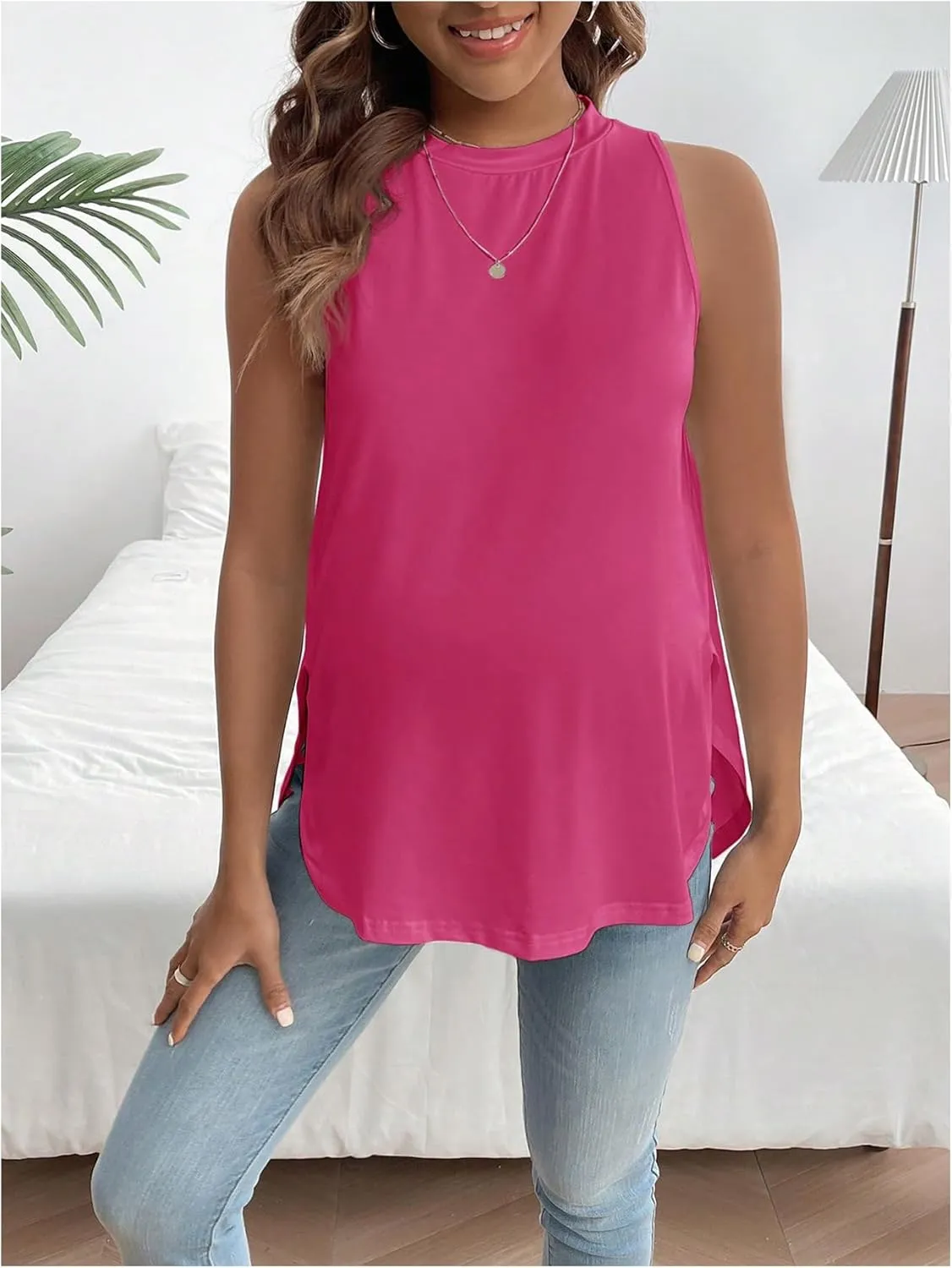 MakeMeChic Women's Maternity Tank Tops Crew Neck Sleeveless Split Hem Pregnancy Top