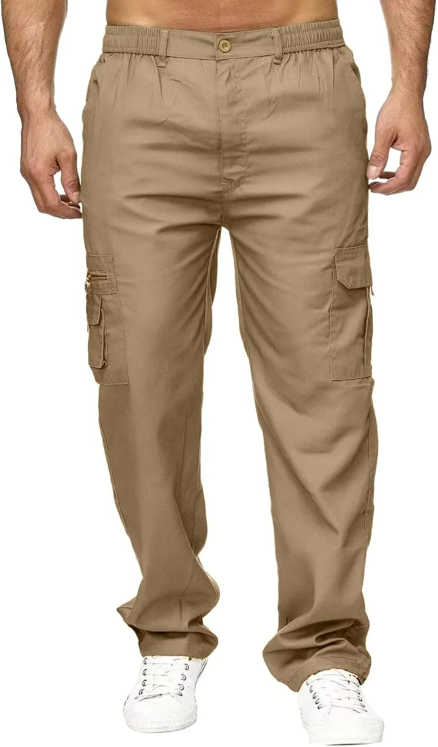 Male Versatile All Season Cargo Pants Multi Pocket Zip Button Hem Solid Color Plus Size Trousers for Men High