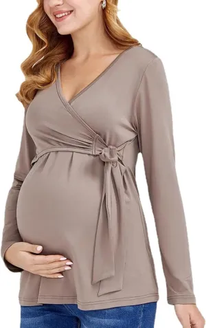 Maternity Wrap Top with Long Sleeves, V-Neck Side Tie Blouse, Taupe