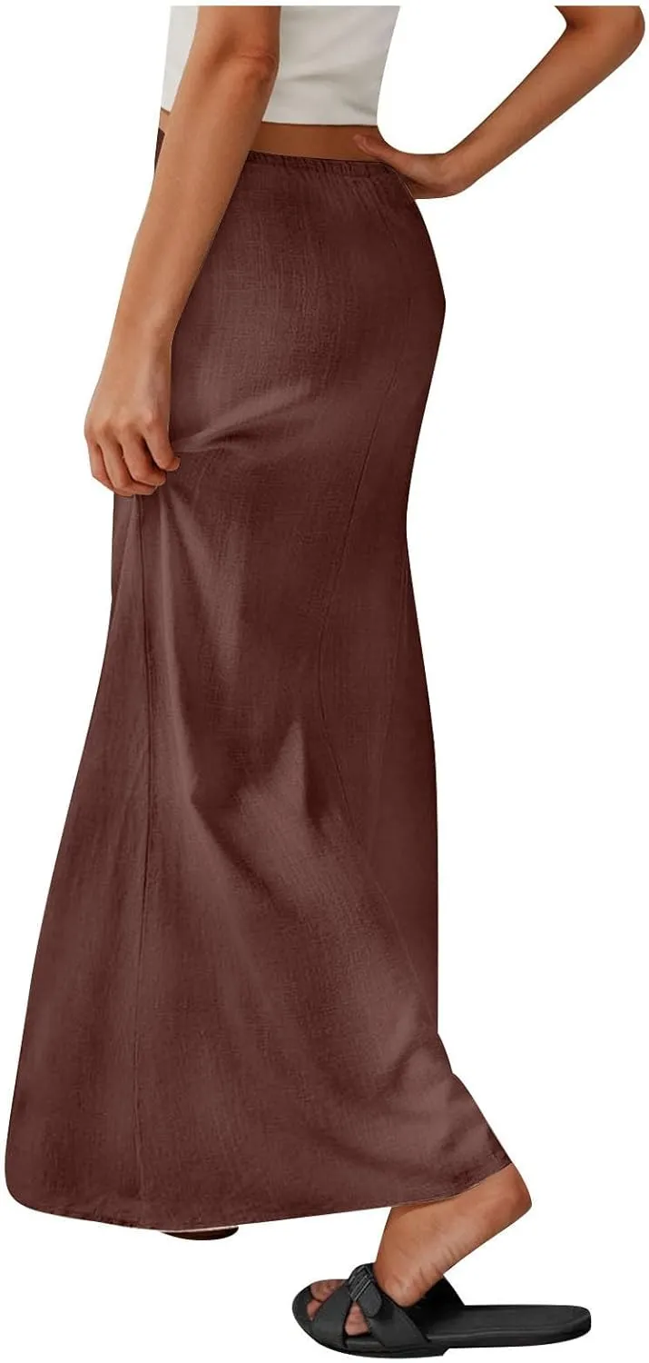 Maxi Skirts for Women Summer Design Cotton Linen Long Skirts Boho Casual Flowy Skirts Drawstring Waist A Line Skirts