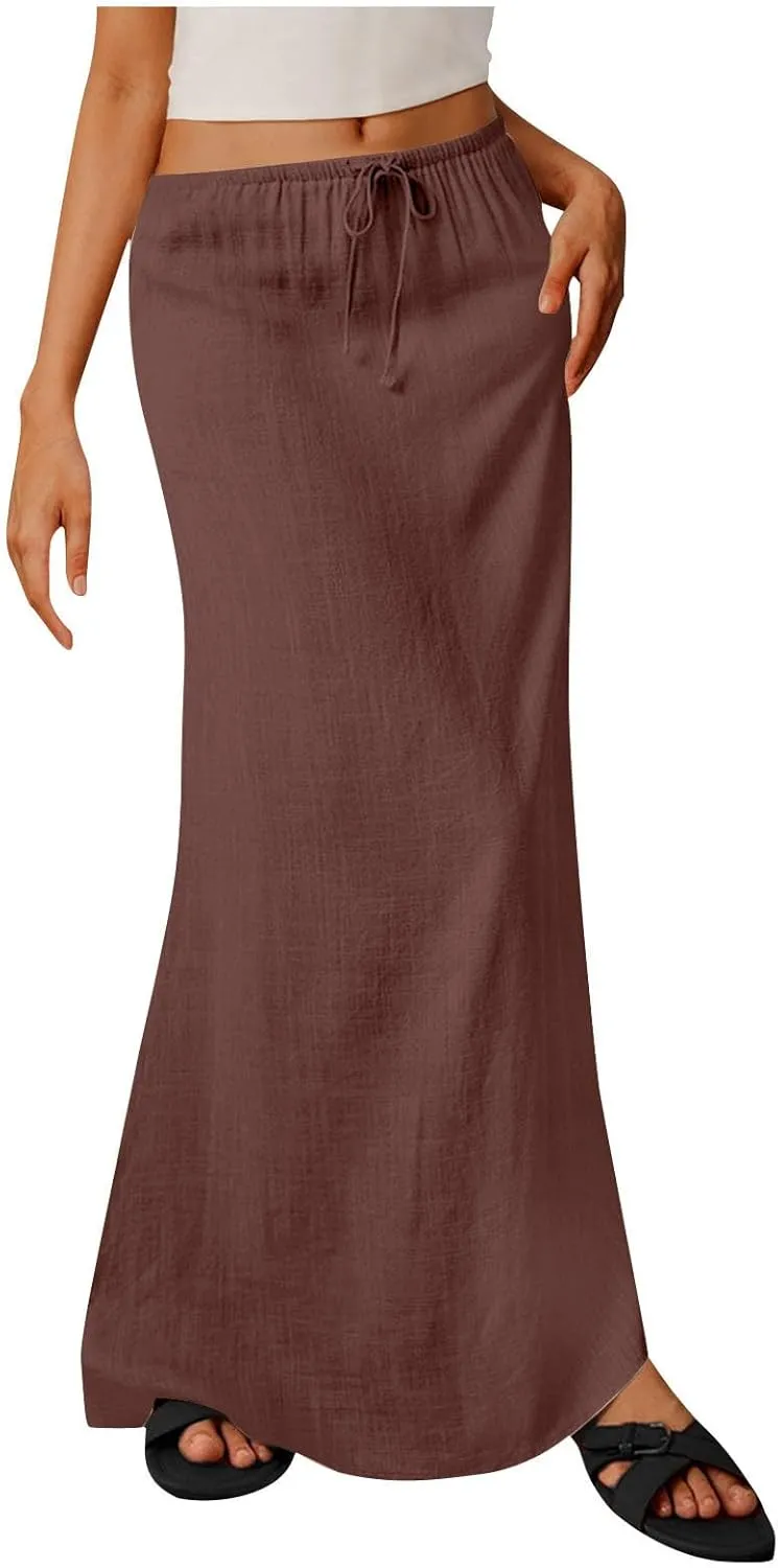 Maxi Skirts for Women Summer Design Cotton Linen Long Skirts Boho Casual Flowy Skirts Drawstring Waist A Line Skirts