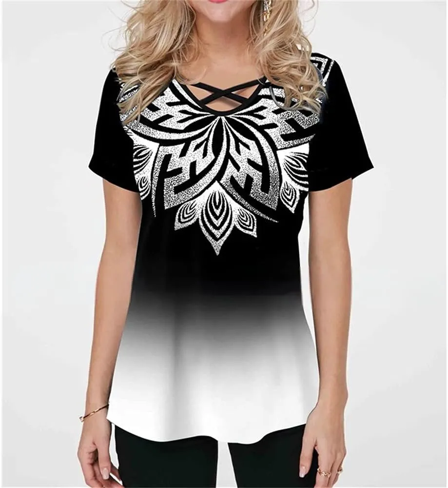 Mayntop Womens Tops Summer T-Shirt Plus Size Short/Half Sleeve Gradient Ombre Color Criss-Cross V-Neck Tee Blouse