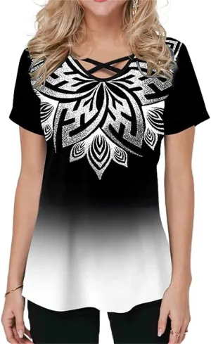Mayntop Womens Tops Summer T-Shirt Plus Size Short/Half Sleeve Gradient Ombre Color Criss-Cross V-Neck Tee Blouse