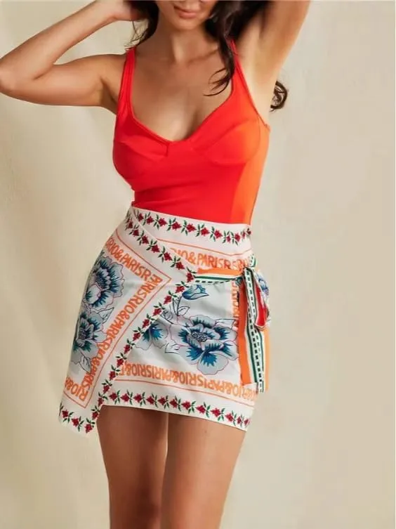 Melliflo Women's Floral Print Wrap Short Skirt 2025 Summer Knot Side High Waist A Line Beach Mini Skirt