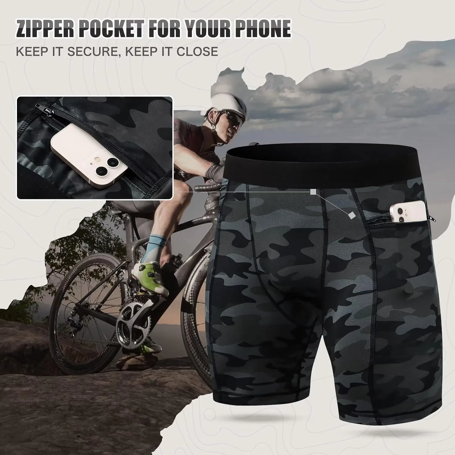 Mens Athletic Compression Shorts with Zip Phone Pocket Cool Running Compression Underwear Basketball Spandex Shorts