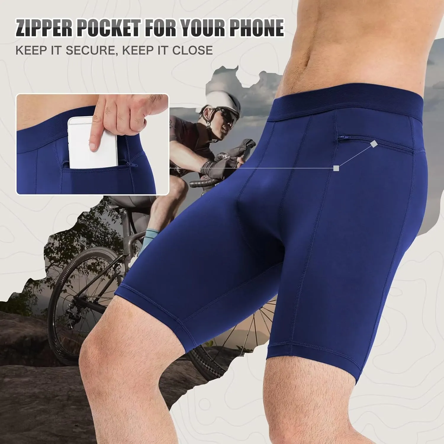 Mens Athletic Compression Shorts with Zip Phone Pocket Cool Running Compression Underwear Basketball Spandex Shorts