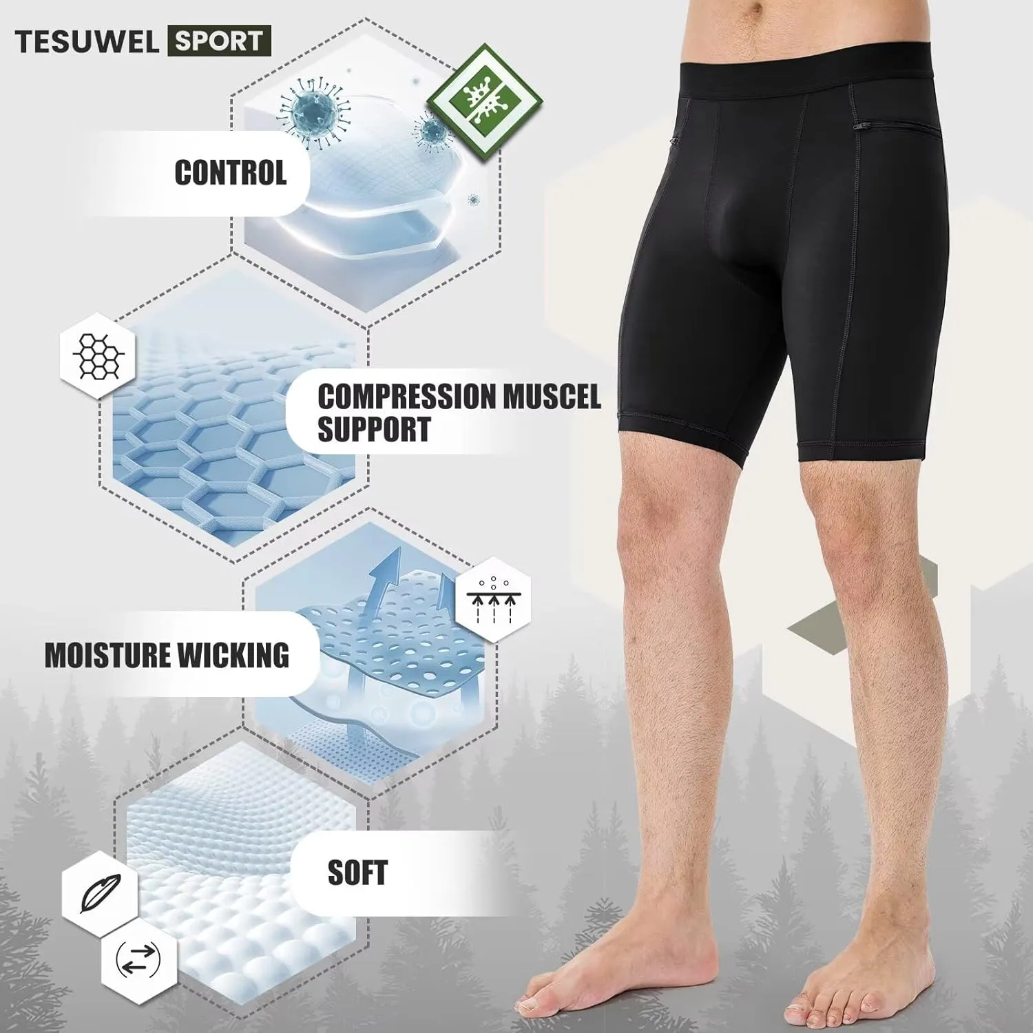 Mens Athletic Compression Shorts with Zip Phone Pocket Cool Running Compression Underwear Basketball Spandex Shorts
