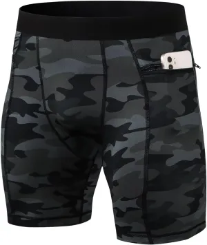 Mens Athletic Compression Shorts with Zip Phone Pocket Cool Running Compression Underwear Basketball Spandex Shorts