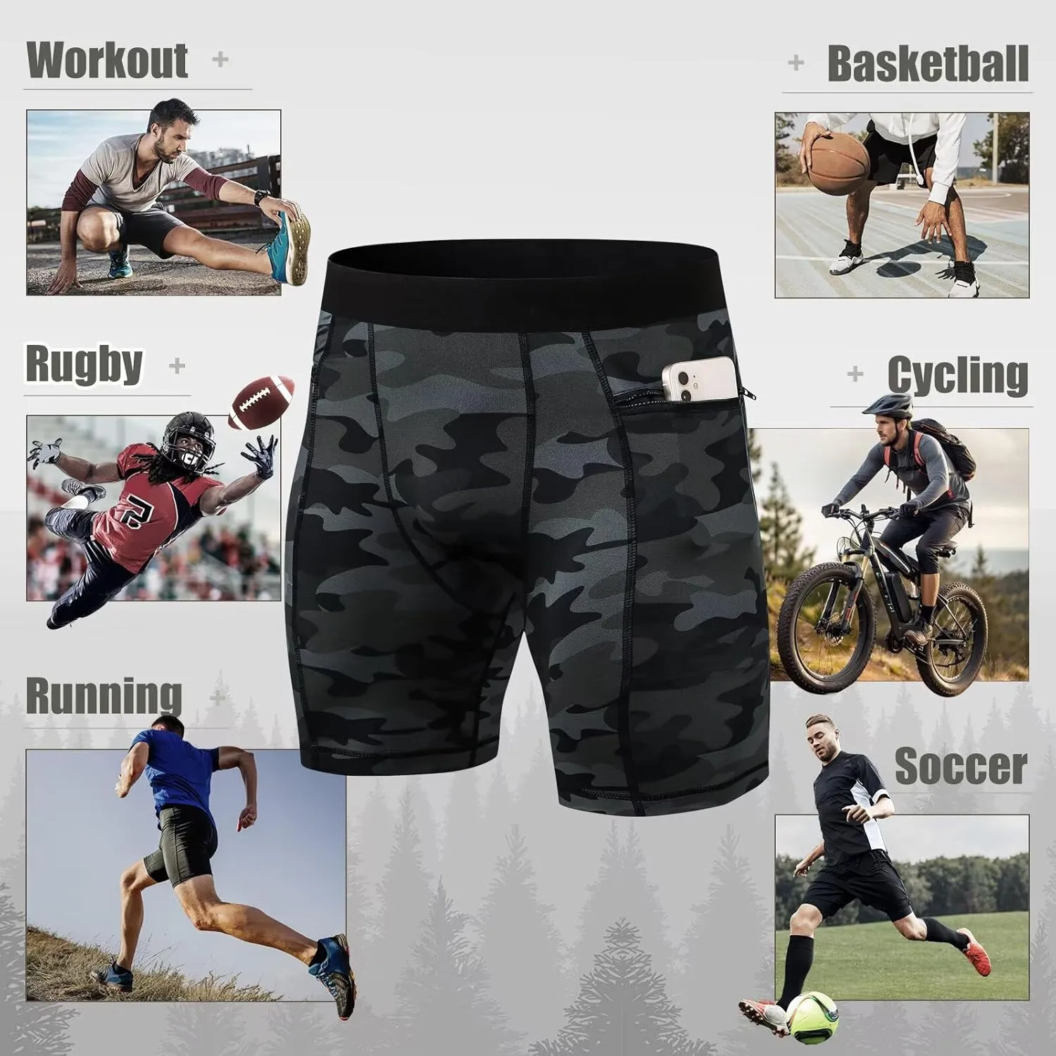 Mens Athletic Compression Shorts with Zip Phone Pocket Cool Running Compression Underwear Basketball Spandex Shorts