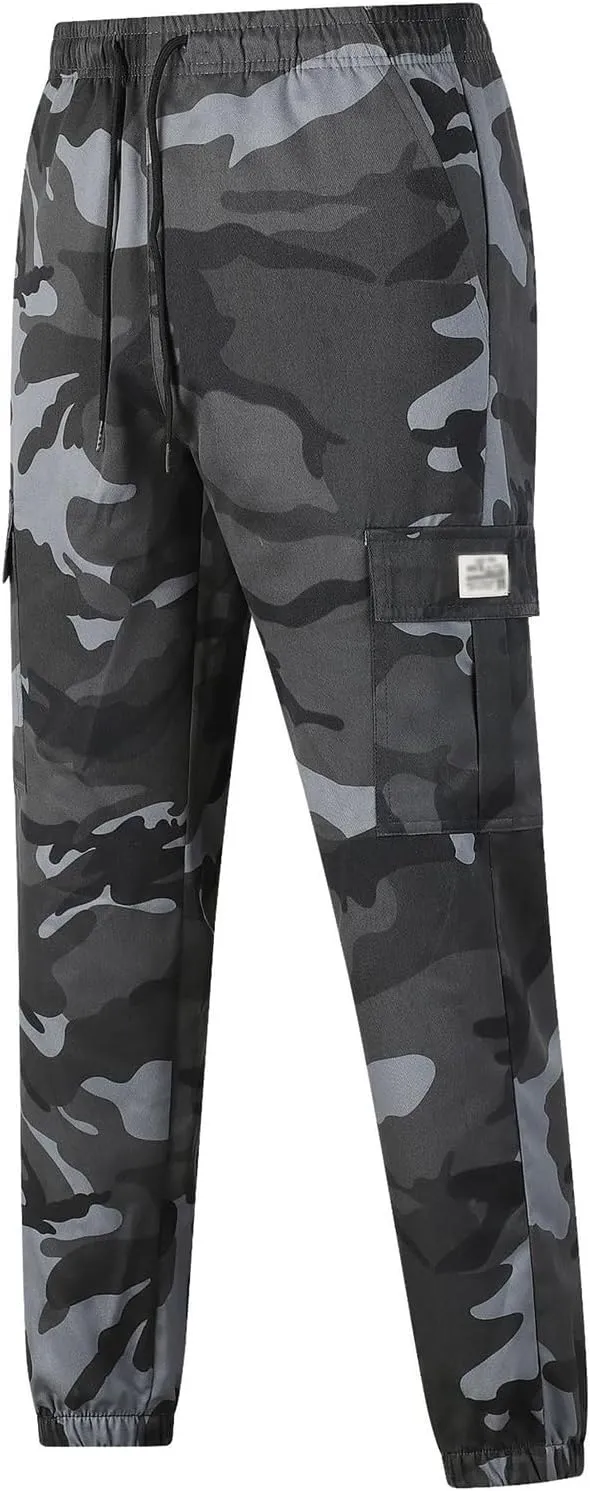Men's Camo Cargo Pants Military Combat Hiking Sweatpants Outdoor Loose Fit Drawstring Pants for Travel Running Golf