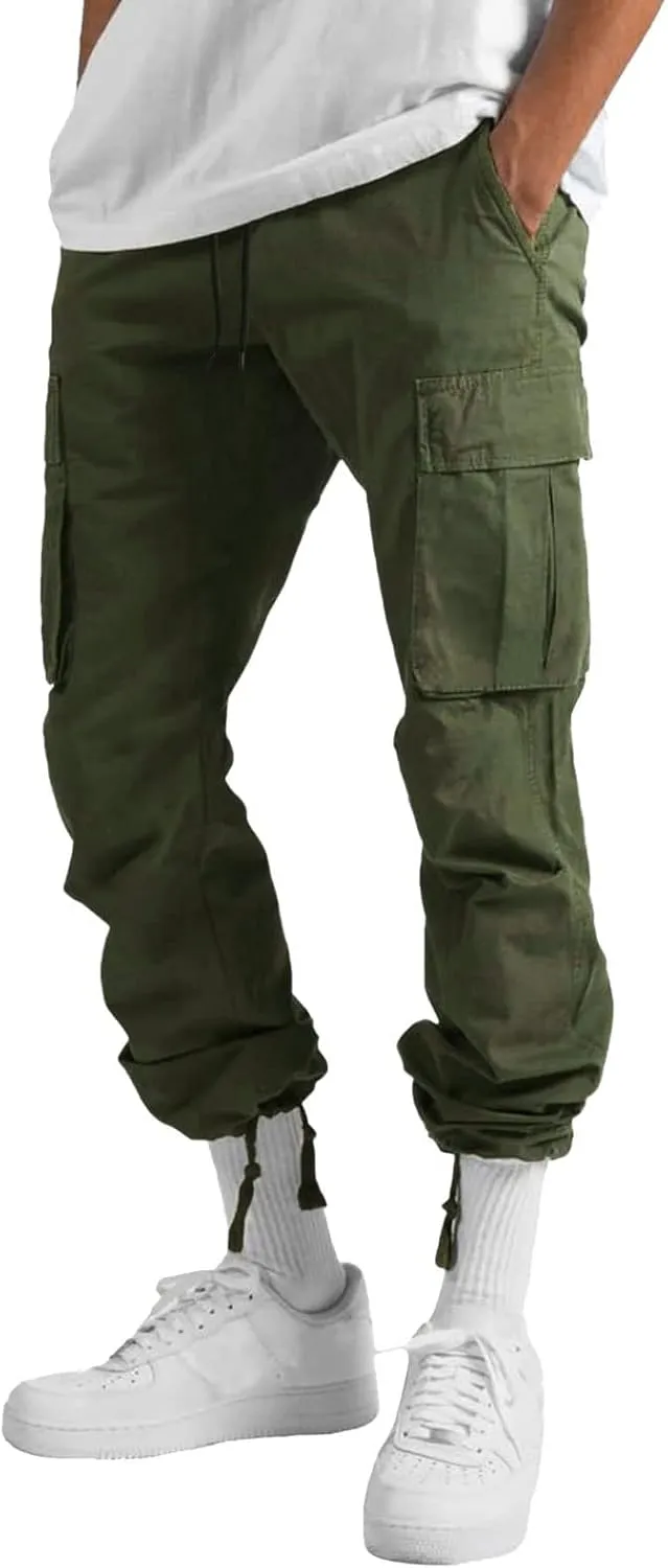 Mens Casual Waist Color Sports Hat Woven Pocket Foot Rope Solid Pants Street Cargo Tie Men Cargo Pants with