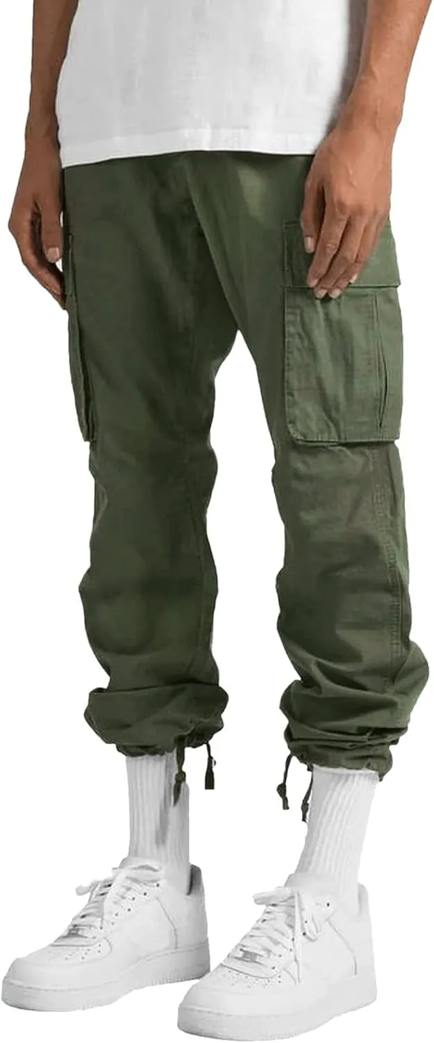 Mens Casual Waist Color Sports Hat Woven Pocket Foot Rope Solid Pants Street Cargo Tie Men Cargo Pants with