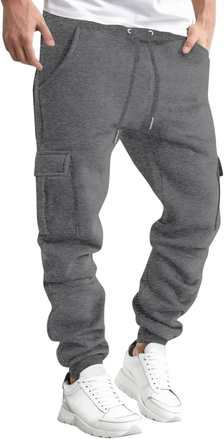 Men's Drawstring Cargo Sweatpants Open Bottom Fleece Athletic Hiking Jogger Cargo Sweatpants for Men with Pockets