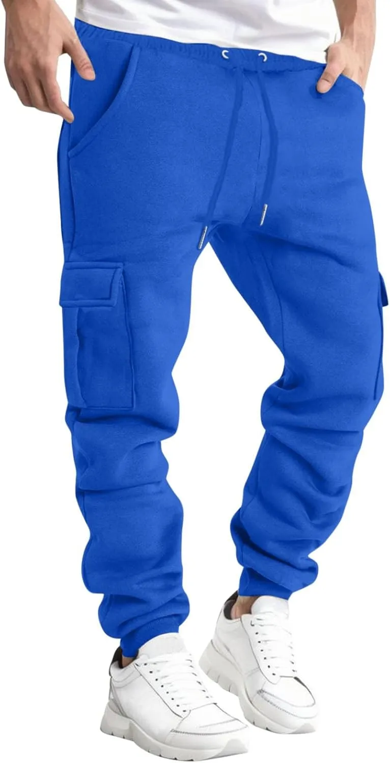 Men's Drawstring Cargo Sweatpants Open Bottom Fleece Athletic Hiking Jogger Cargo Sweatpants for Men with Pockets