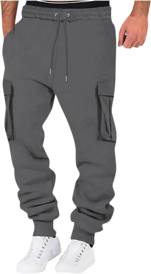 Men's Drawstring Cargo Sweatpants Open Bottom Fleece Athletic Hiking Jogger Cargo Sweatpants for Men with Pockets