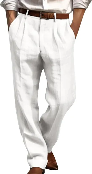 Men's Linen Pants Pleated Front Straight Leg Suit Trouser Solid Office Dress Pants Casual Lightweight Pants w/Pockets