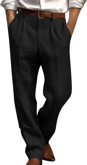 Men's Linen Pants Pleated Front Straight Leg Suit Trouser Solid Office Dress Pants Casual Lightweight Pants w/Pockets