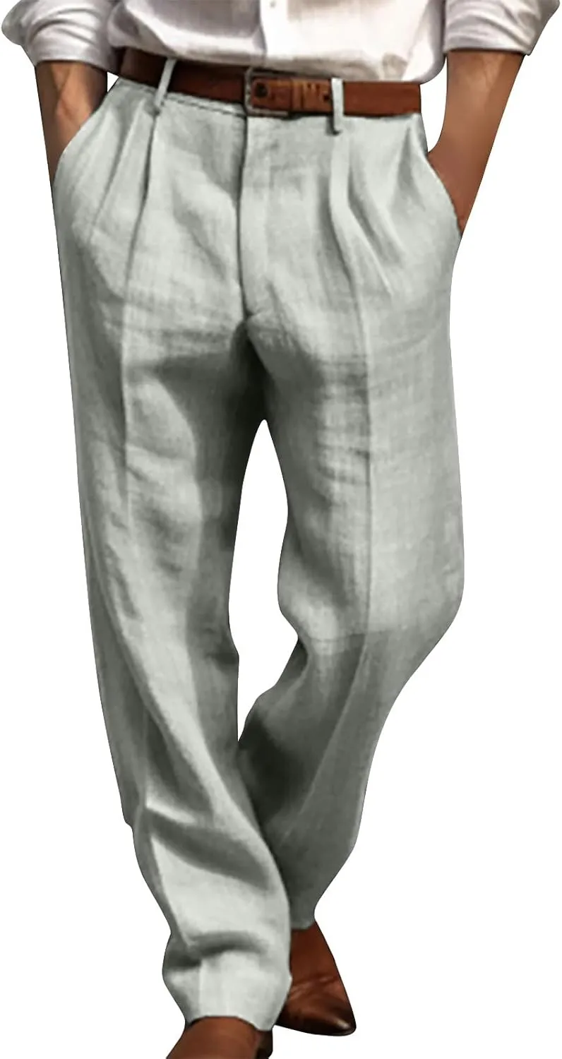 Men's Linen Pants Pleated Front Straight Leg Suit Trouser Solid Office Dress Pants Casual Lightweight Pants w/Pockets