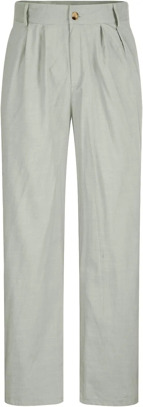 Men's Linen Pants Pleated Front Straight Leg Suit Trouser Solid Office Dress Pants Casual Lightweight Pants w/Pockets