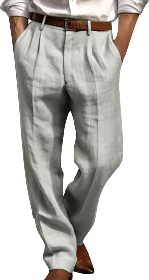 Men's Linen Pants Pleated Front Straight Leg Suit Trouser Solid Office Dress Pants Casual Lightweight Pants w/Pockets