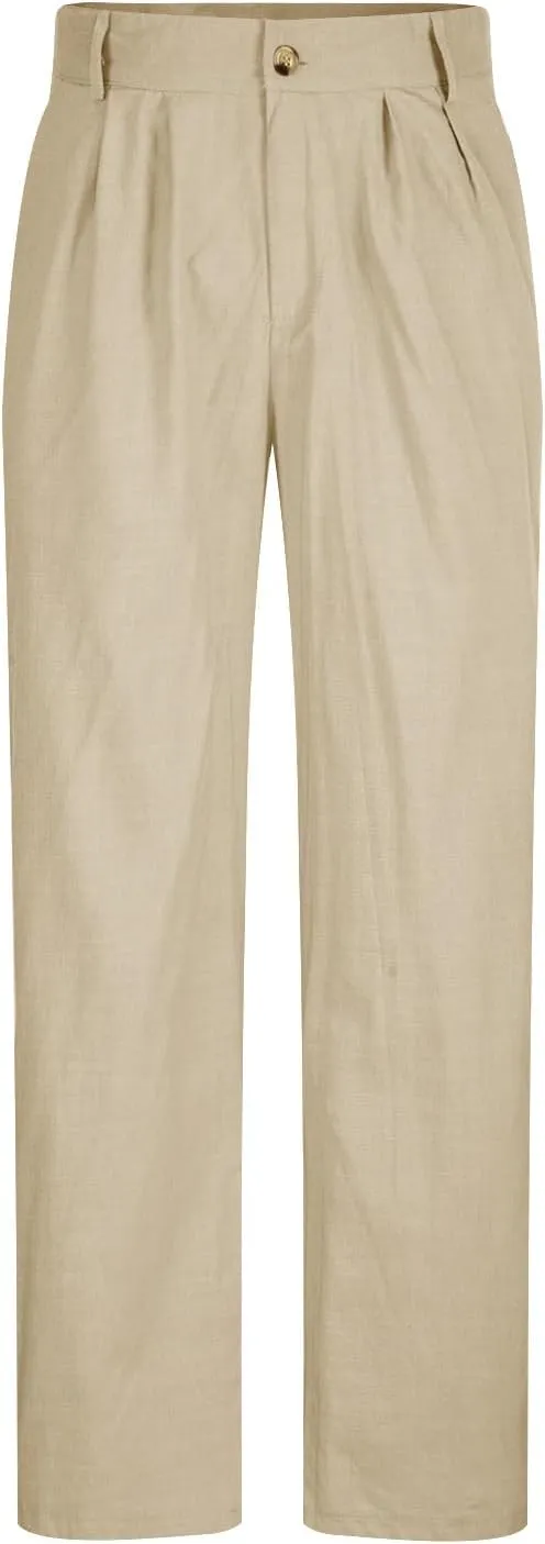 Men's Linen Pants Pleated Front Straight Leg Suit Trouser Solid Office Dress Pants Casual Lightweight Pants w/Pockets