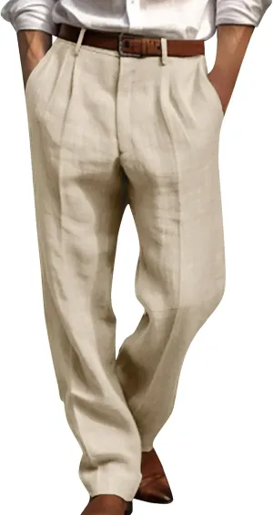 Men's Linen Pants Pleated Front Straight Leg Suit Trouser Solid Office Dress Pants Casual Lightweight Pants w/Pockets