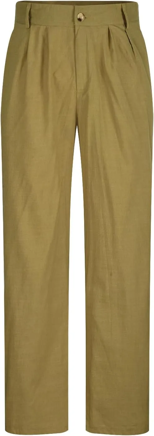 Men's Linen Pants Pleated Front Straight Leg Suit Trouser Solid Office Dress Pants Casual Lightweight Pants w/Pockets
