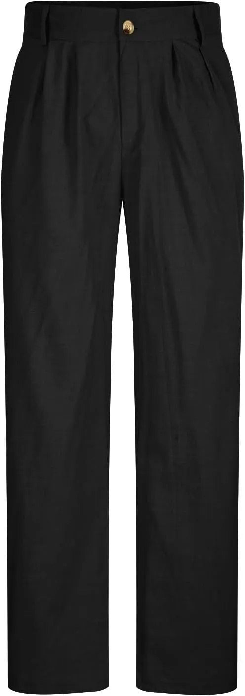 Men's Linen Pants Pleated Front Straight Leg Suit Trouser Solid Office Dress Pants Casual Lightweight Pants w/Pockets