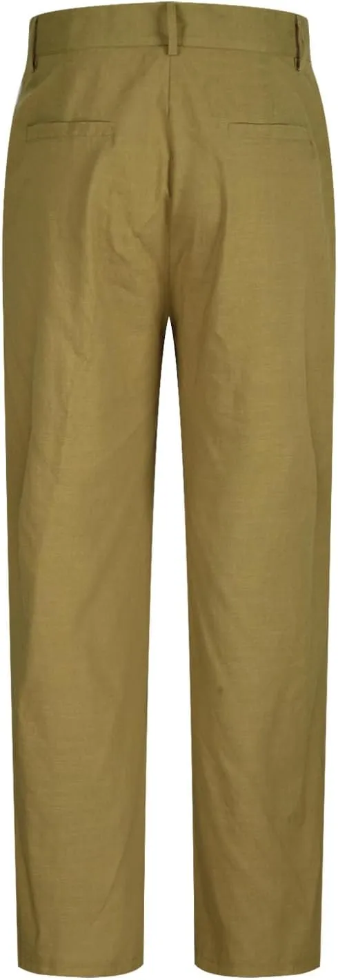 Men's Linen Pants Pleated Front Straight Leg Suit Trouser Solid Office Dress Pants Casual Lightweight Pants w/Pockets