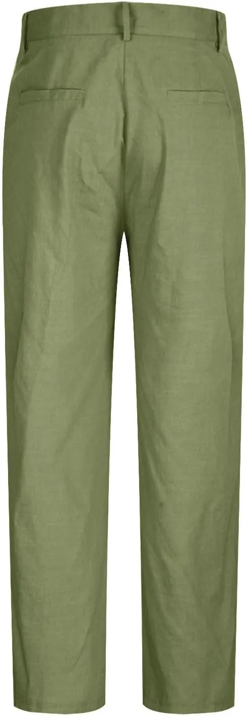 Men's Linen Pants Pleated Front Straight Leg Suit Trouser Solid Office Dress Pants Casual Lightweight Pants w/Pockets