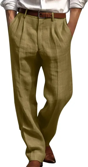 Men's Linen Pants Pleated Front Straight Leg Suit Trouser Solid Office Dress Pants Casual Lightweight Pants w/Pockets