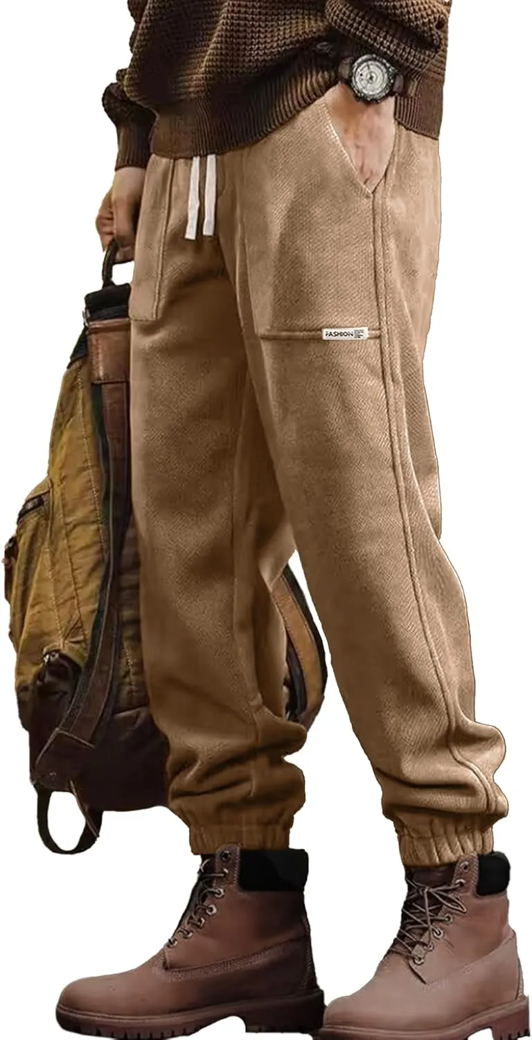 Mens Sweatpants Corduroy Joggers Casual Cargo Pants Elastic Waist Drawstring Stretch Tapered Baggy Pants with Pockets
