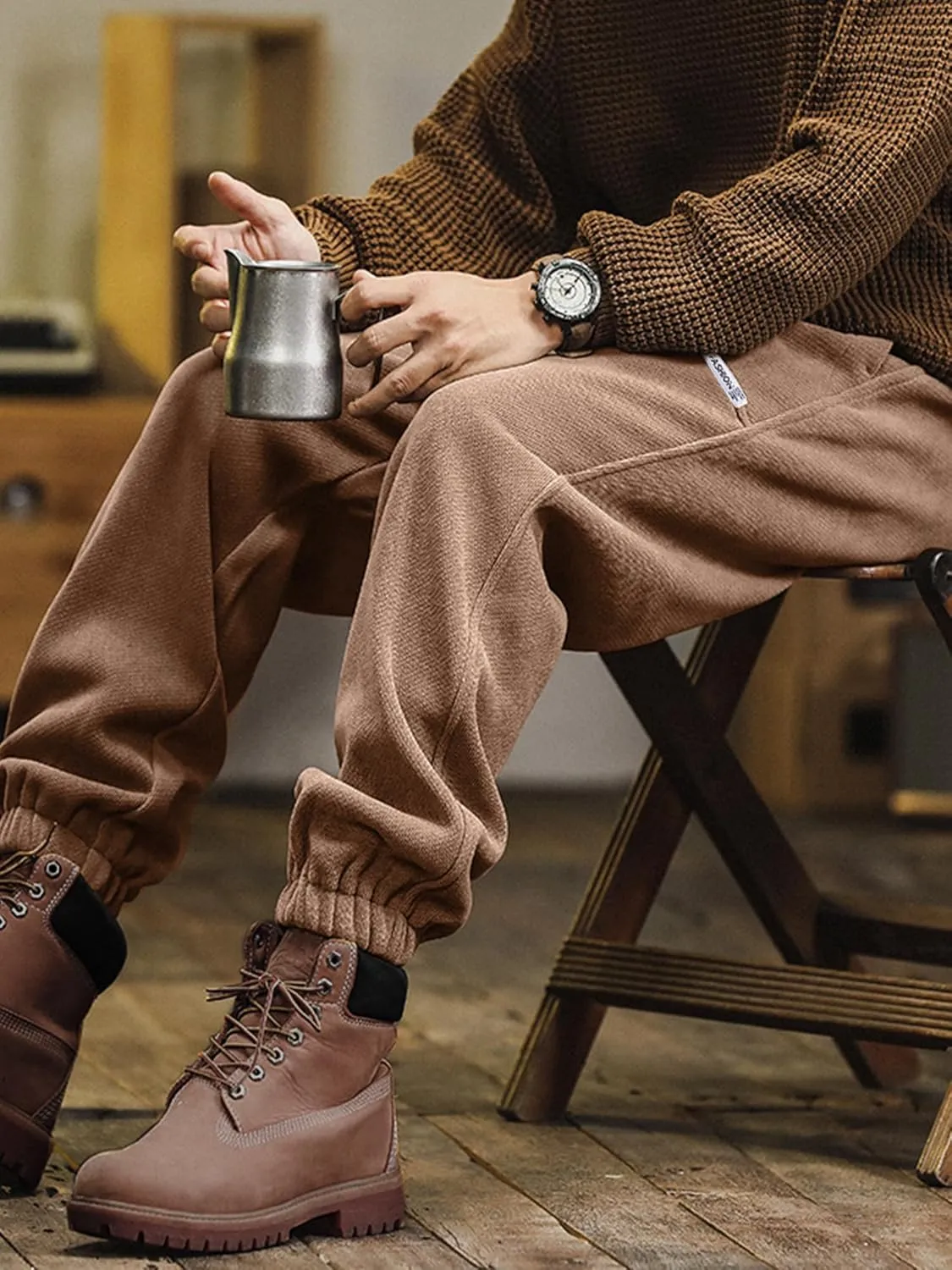 Mens Sweatpants Corduroy Joggers Casual Cargo Pants Elastic Waist Drawstring Stretch Tapered Baggy Pants with Pockets