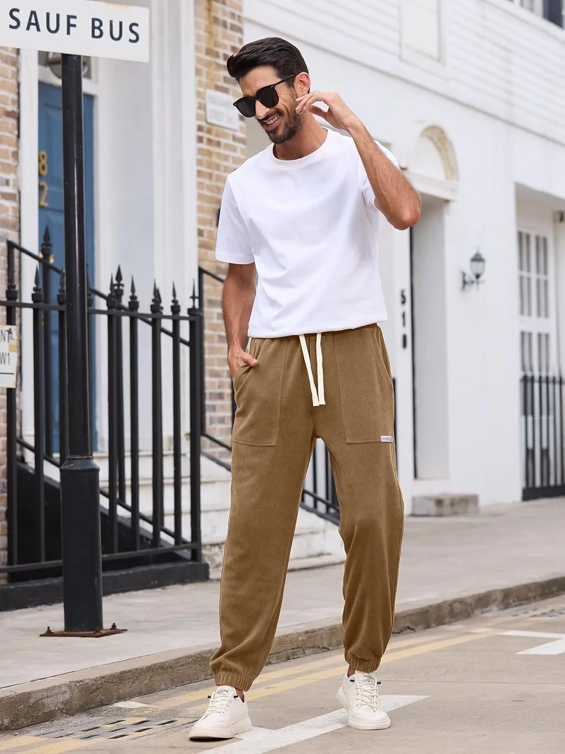 Mens Sweatpants Corduroy Joggers Casual Cargo Pants Elastic Waist Drawstring Stretch Tapered Baggy Pants with Pockets