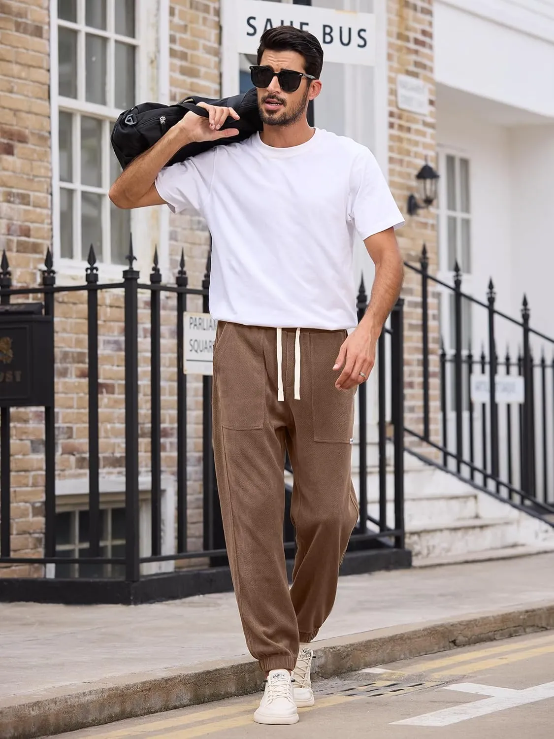 Mens Sweatpants Corduroy Joggers Casual Cargo Pants Elastic Waist Drawstring Stretch Tapered Baggy Pants with Pockets