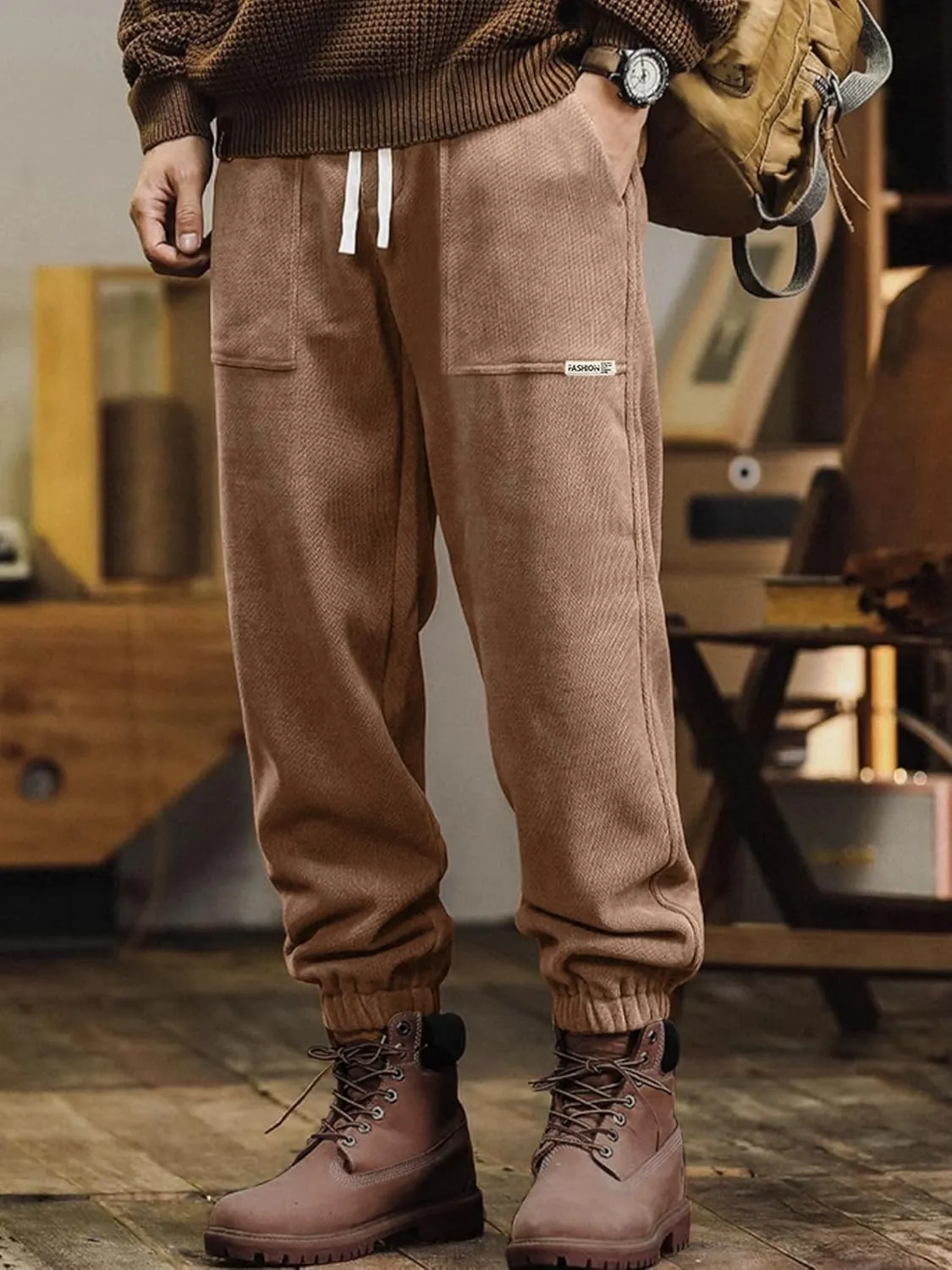 Mens Sweatpants Corduroy Joggers Casual Cargo Pants Elastic Waist Drawstring Stretch Tapered Baggy Pants with Pockets