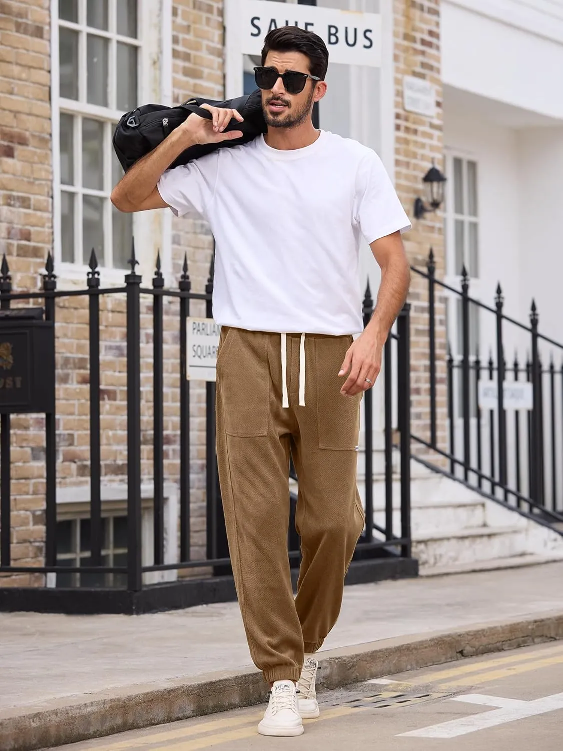 Mens Sweatpants Corduroy Joggers Casual Cargo Pants Elastic Waist Drawstring Stretch Tapered Baggy Pants with Pockets