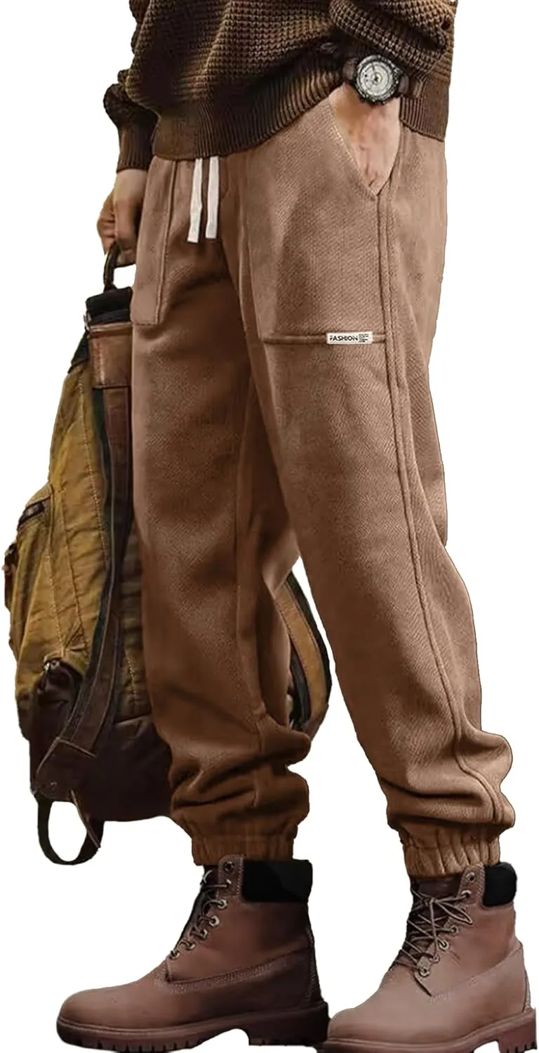 Mens Sweatpants Corduroy Joggers Casual Cargo Pants Elastic Waist Drawstring Stretch Tapered Baggy Pants with Pockets