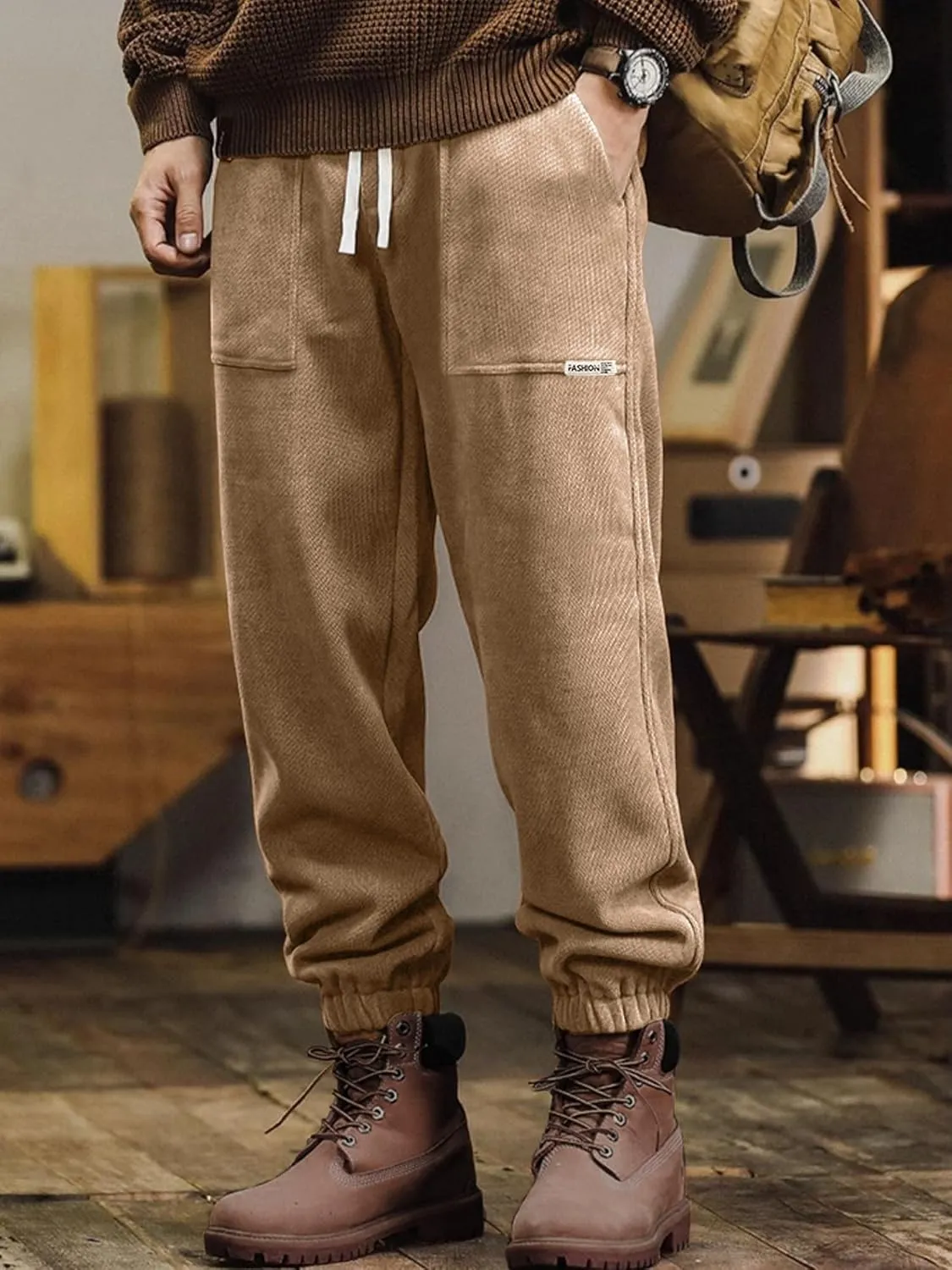 Mens Sweatpants Corduroy Joggers Casual Cargo Pants Elastic Waist Drawstring Stretch Tapered Baggy Pants with Pockets