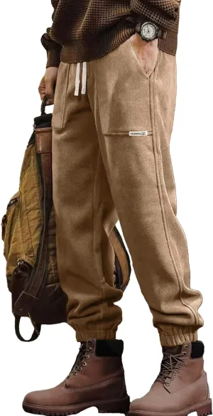 Mens Sweatpants Corduroy Joggers Casual Cargo Pants Elastic Waist Drawstring Stretch Tapered Baggy Pants with Pockets