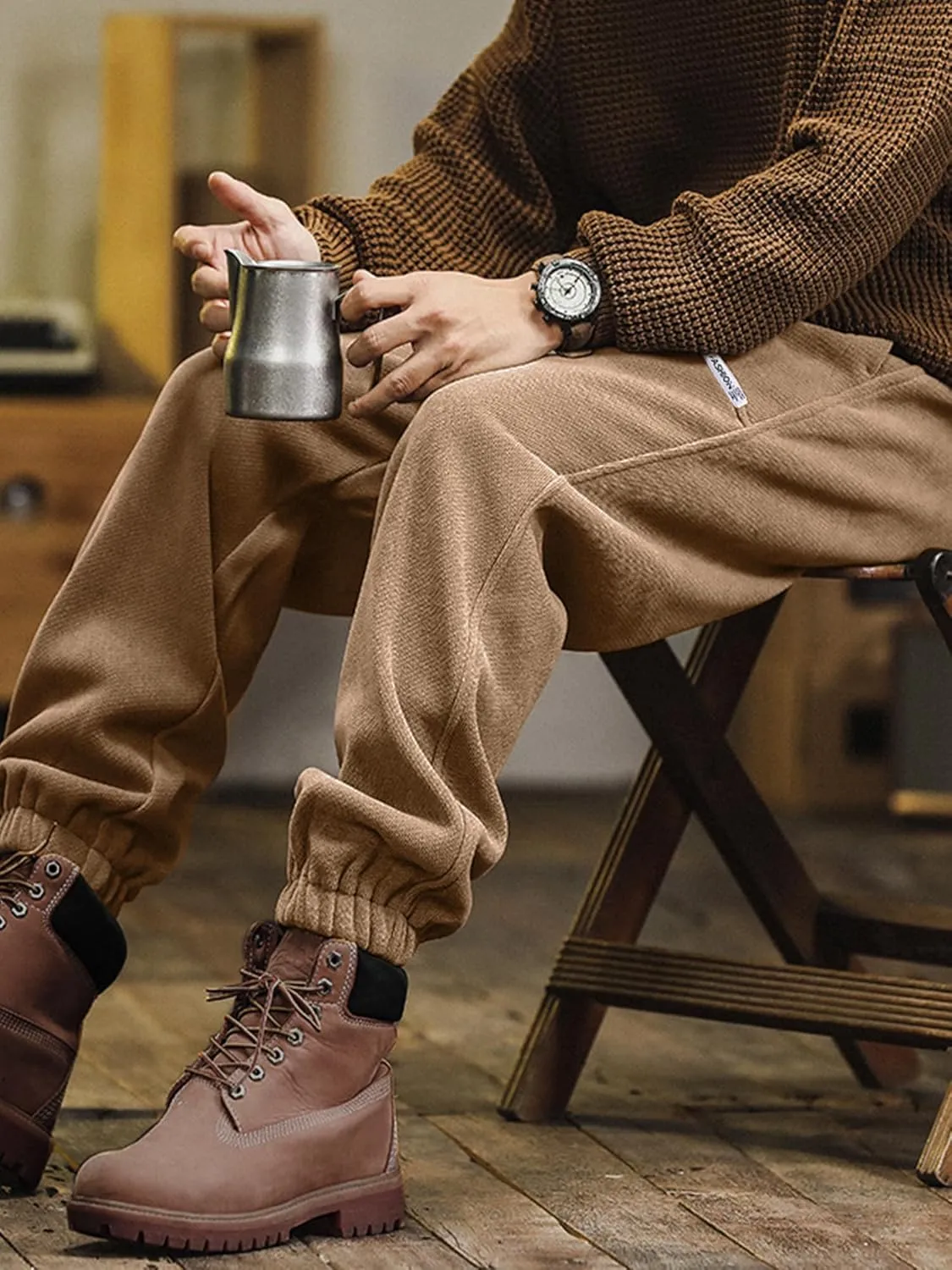 Mens Sweatpants Corduroy Joggers Casual Cargo Pants Elastic Waist Drawstring Stretch Tapered Baggy Pants with Pockets